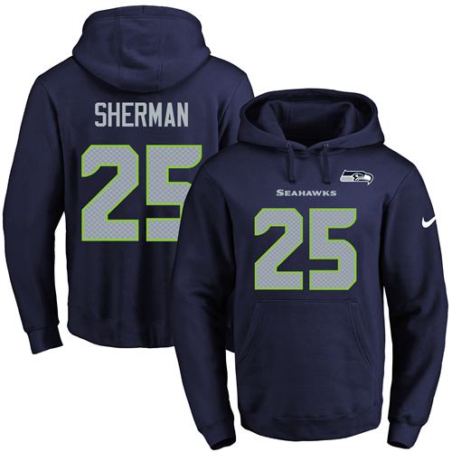 Nike Seahawks #25 Richard Sherman Navy Blue Name & Number Pullover NFL Hoodie - Click Image to Close